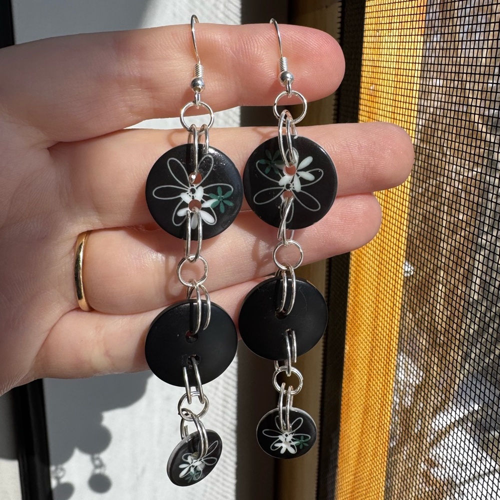 Handmade Sliver plated 2000s inspired green and black flower button earrings